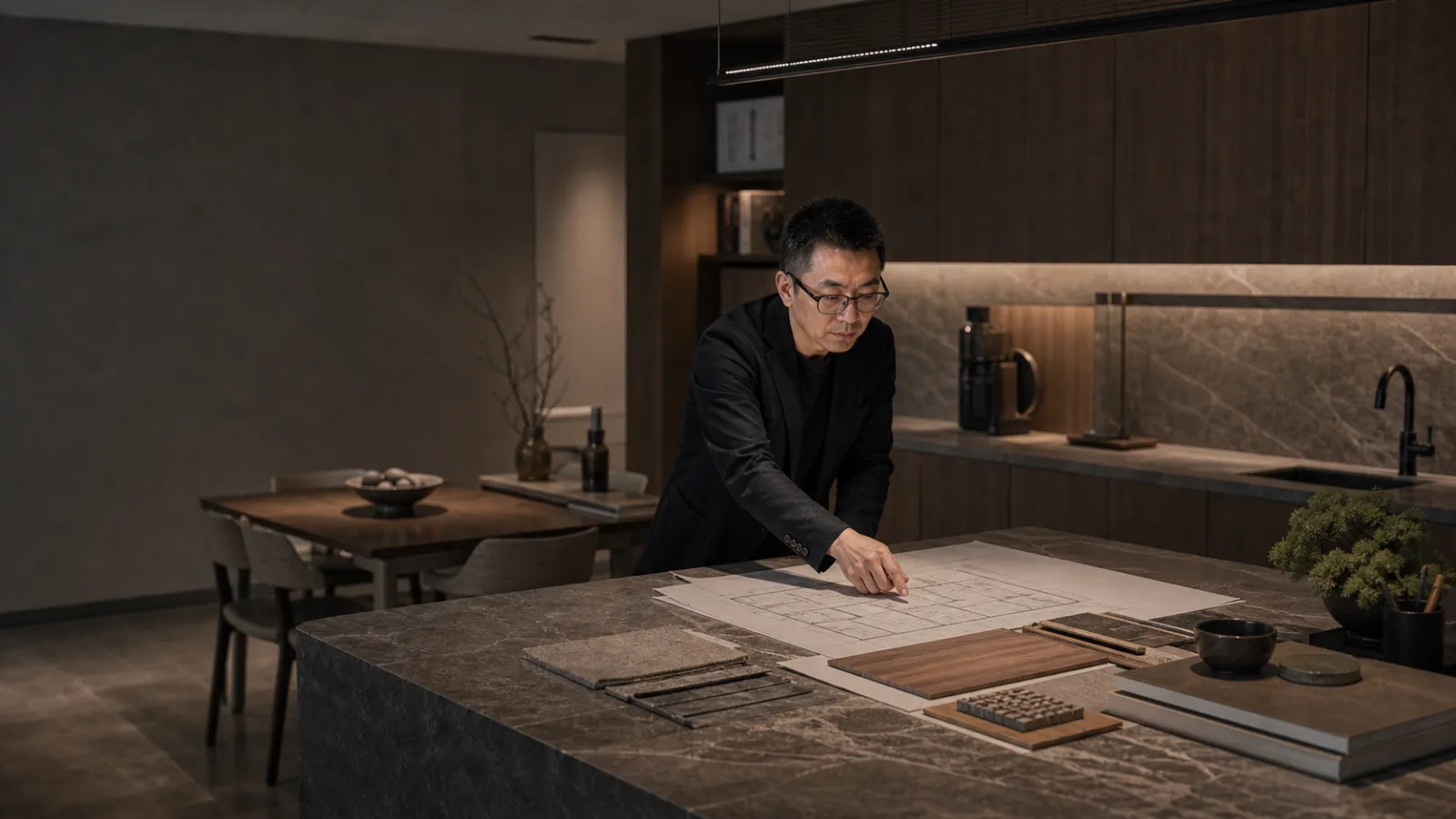 董揅在图纸前梳理住宅空间方案，室内空间设计顾问